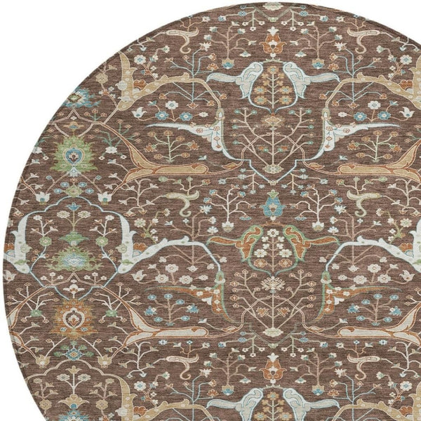 HomeRoots 8' Floral Area Rug - Durable Brown, Green & Ivory Design for Indoor/Outdoor Use, Machine Washable! 640430