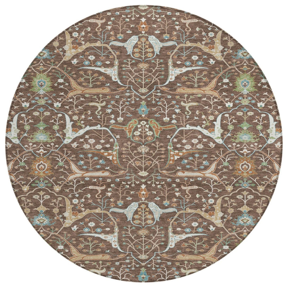 HomeRoots 8' Floral Area Rug - Durable Brown, Green & Ivory Design for Indoor/Outdoor Use, Machine Washable! 640430