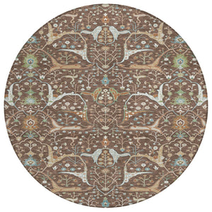 HomeRoots 8' Floral Area Rug - Durable Brown, Green & Ivory Design for Indoor/Outdoor Use, Machine Washable! 640430