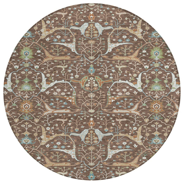 HomeRoots 8' Floral Area Rug - Durable Brown, Green & Ivory Design for Indoor/Outdoor Use, Machine Washable! 640430
