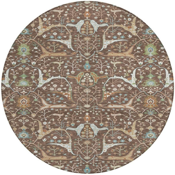 HomeRoots 8' Floral Area Rug - Durable Brown, Green & Ivory Design for Indoor/Outdoor Use, Machine Washable! 640430