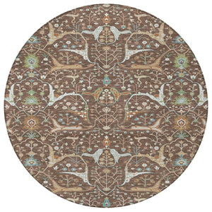 HomeRoots 8' Floral Area Rug - Durable Brown, Green & Ivory Design for Indoor/Outdoor Use, Machine Washable! 640430