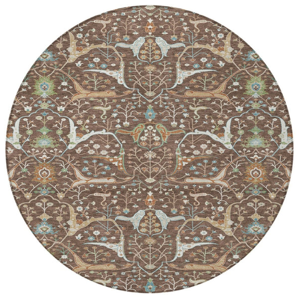 HomeRoots 8' Floral Area Rug - Durable Brown, Green & Ivory Design for Indoor/Outdoor Use, Machine Washable! 640430