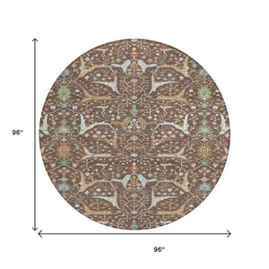 HomeRoots 8' Floral Area Rug - Durable Brown, Green & Ivory Design for Indoor/Outdoor Use, Machine Washable! 640430