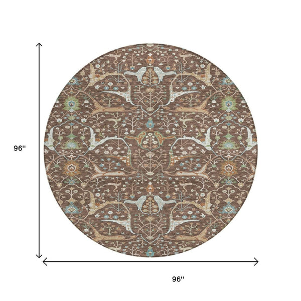 HomeRoots 8' Floral Area Rug - Durable Brown, Green & Ivory Design for Indoor/Outdoor Use, Machine Washable! 640430