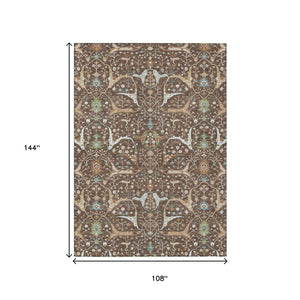 HomeRoots 9' Washable Indoor/Outdoor Area Rug with Timeless Floral Design in Brown, Green & Ivory Charm 640432