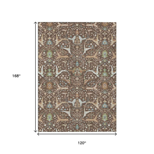 HomeRoots 10' Indoor Outdoor Area Rug - Floral Brown Green Ivory Design, Washable, Stain-Resistant, Durable 640433