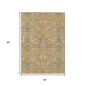 HomeRoots 5' Elegant Gold and Blue Floral Indoor Outdoor Area Rug – Durable, Washable Design for Any Space 640435