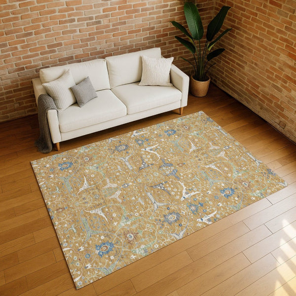 HomeRoots 5' Elegant Gold and Blue Floral Indoor Outdoor Area Rug – Durable, Washable Design for Any Space 640435
