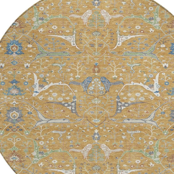 HomeRoots 8' Gold and Blue Round Floral Area Rug – Washable, Durable, Versatile for Indoor and Outdoor Spaces 640436