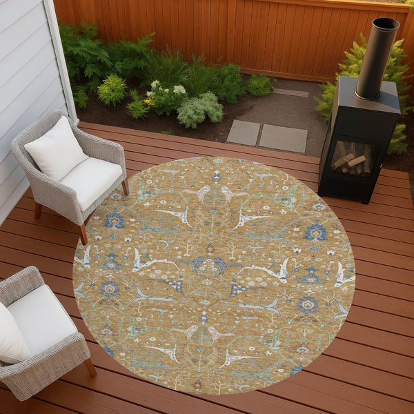 HomeRoots 8' Gold and Blue Round Floral Area Rug – Washable, Durable, Versatile for Indoor and Outdoor Spaces 640436