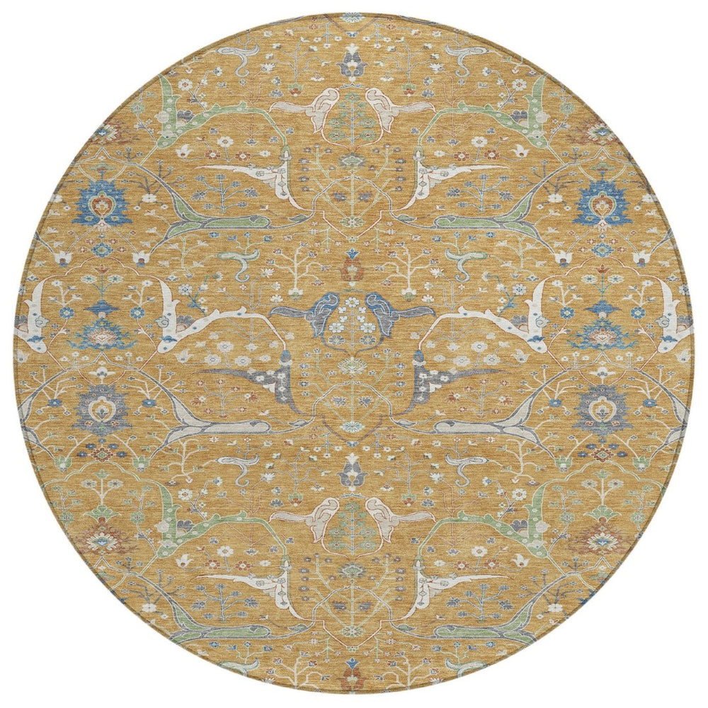HomeRoots 8' Gold and Blue Round Floral Area Rug – Washable, Durable, Versatile for Indoor and Outdoor Spaces 640436