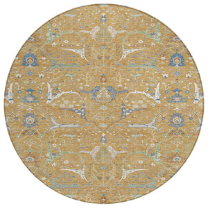 HomeRoots 8' Gold and Blue Round Floral Area Rug – Washable, Durable, Versatile for Indoor and Outdoor Spaces 640436