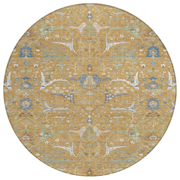 HomeRoots 8' Gold and Blue Round Floral Area Rug – Washable, Durable, Versatile for Indoor and Outdoor Spaces 640436