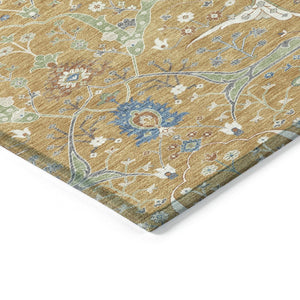 HomeRoots 8' Gold and Blue Round Floral Area Rug – Washable, Durable, Versatile for Indoor and Outdoor Spaces 640436