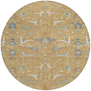 HomeRoots 8' Gold and Blue Round Floral Area Rug – Washable, Durable, Versatile for Indoor and Outdoor Spaces 640436
