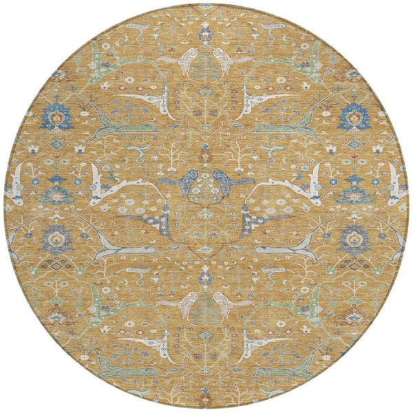 HomeRoots 8' Gold and Blue Round Floral Area Rug – Washable, Durable, Versatile for Indoor and Outdoor Spaces 640436