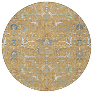 HomeRoots 8' Gold and Blue Round Floral Area Rug – Washable, Durable, Versatile for Indoor and Outdoor Spaces 640436