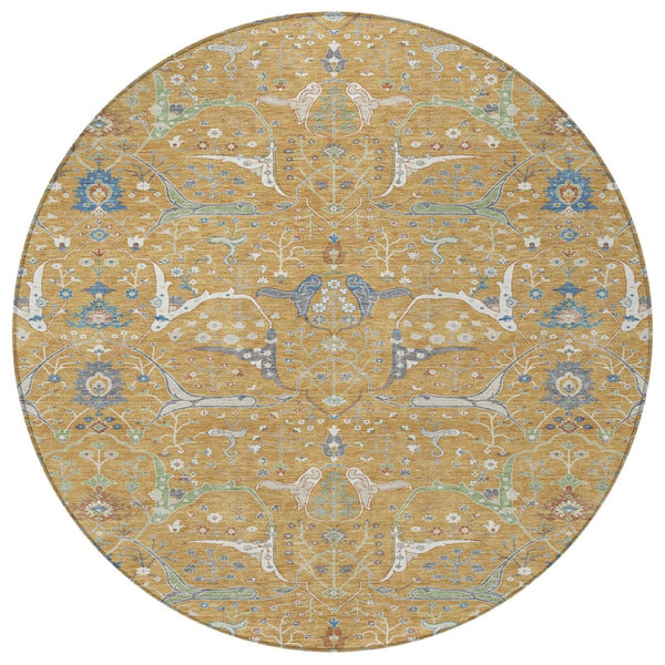 HomeRoots 8' Gold and Blue Round Floral Area Rug – Washable, Durable, Versatile for Indoor and Outdoor Spaces 640436