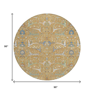 HomeRoots 8' Gold and Blue Round Floral Area Rug – Washable, Durable, Versatile for Indoor and Outdoor Spaces 640436