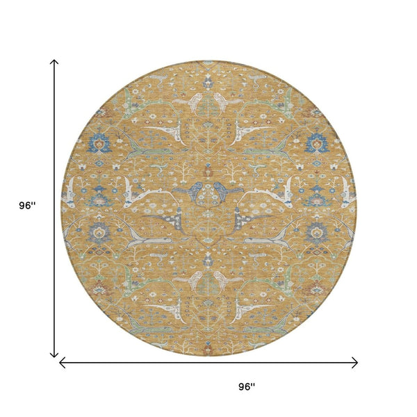 HomeRoots 8' Gold and Blue Round Floral Area Rug – Washable, Durable, Versatile for Indoor and Outdoor Spaces 640436