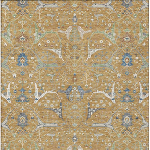 HomeRoots 8' X 10' Elegant Gold and Blue Floral Area Rug - Washable, Durable Design for Indoor & Outdoor Use 640437