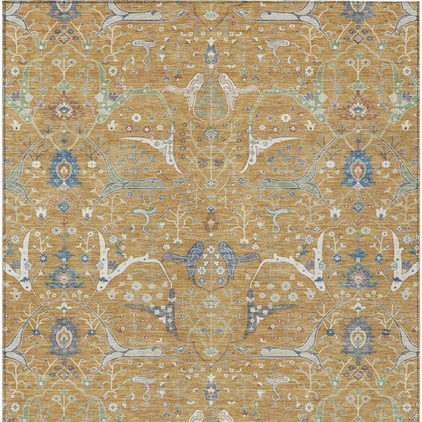 HomeRoots 8' X 10' Elegant Gold and Blue Floral Area Rug - Washable, Durable Design for Indoor & Outdoor Use 640437