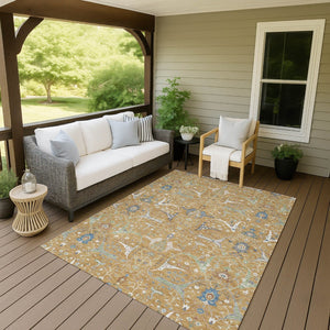 HomeRoots 8' X 10' Elegant Gold and Blue Floral Area Rug - Washable, Durable Design for Indoor & Outdoor Use 640437