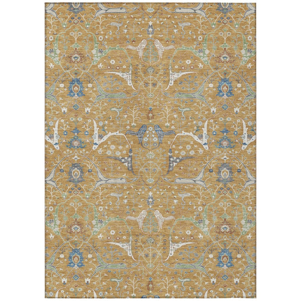 HomeRoots 8' X 10' Elegant Gold and Blue Floral Area Rug - Washable, Durable Design for Indoor & Outdoor Use 640437