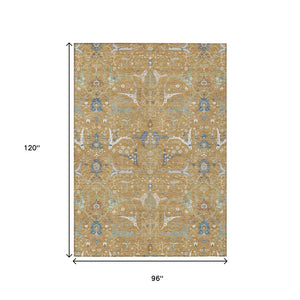HomeRoots 8' X 10' Elegant Gold and Blue Floral Area Rug - Washable, Durable Design for Indoor & Outdoor Use 640437
