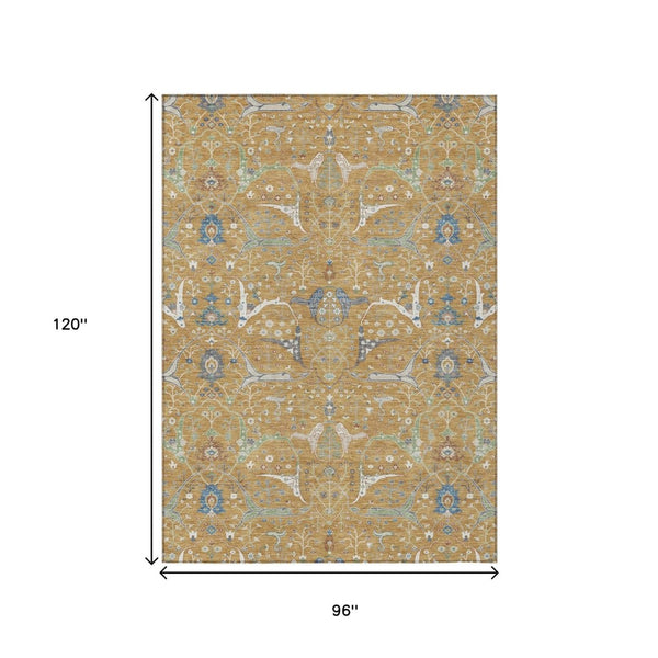 HomeRoots 8' X 10' Elegant Gold and Blue Floral Area Rug - Washable, Durable Design for Indoor & Outdoor Use 640437