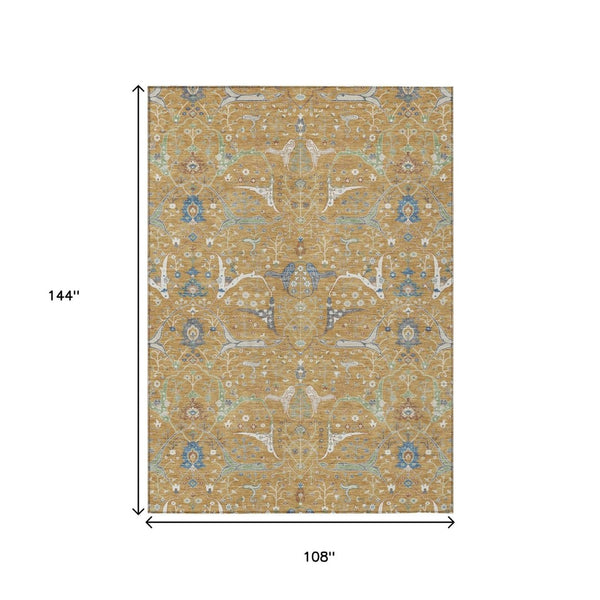 HomeRoots 9' X 12' Gold and Blue Floral Indoor Outdoor Area Rug - Durable, Machine-Washable, Stylish Design! 640438