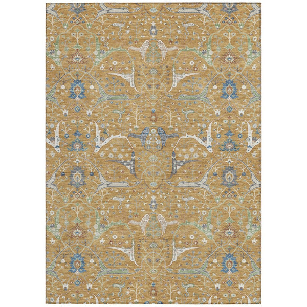 HomeRoots 9' X 12' Gold and Blue Floral Indoor Outdoor Area Rug - Durable, Machine-Washable, Stylish Design! 640438