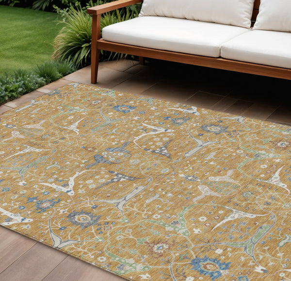 HomeRoots 9' X 12' Gold and Blue Floral Indoor Outdoor Area Rug - Durable, Machine-Washable, Stylish Design! 640438