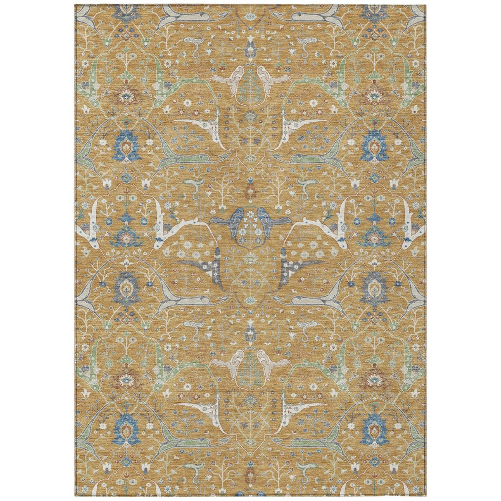 HomeRoots 9' X 12' Gold and Blue Floral Indoor Outdoor Area Rug - Durable, Machine-Washable, Stylish Design! 640438