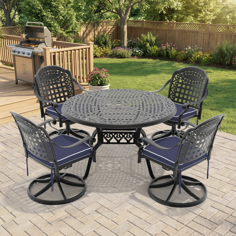 English Elm 5-piece Outdoor Cast Aluminum Dining Set with Swivel Chairs and Round Patio Table W1710S00349