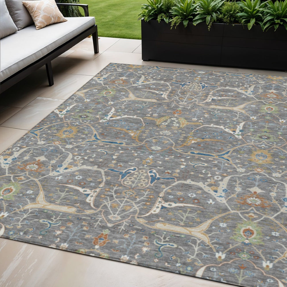 HomeRoots 5' Floral Area Rug in Gray-Green and Copper – Washable, Durable for Indoor/Outdoor Use, Versatile Style 640441