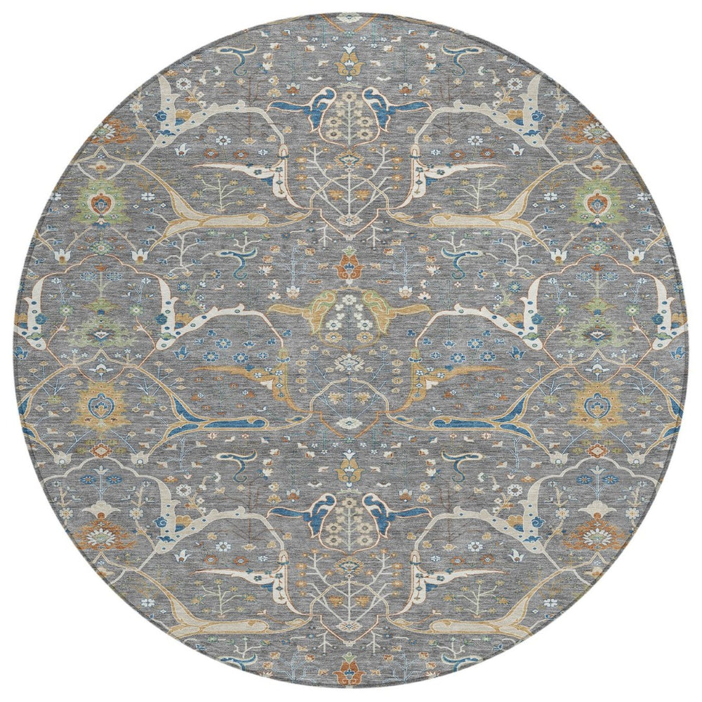 HomeRoots 8' Round Floral Area Rug - Gray, Green & Copper - Washable, Durable for Indoor & Outdoor Spaces 640442