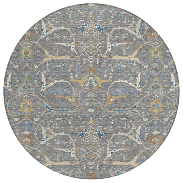HomeRoots 8' Round Floral Area Rug - Gray, Green & Copper - Washable, Durable for Indoor & Outdoor Spaces 640442
