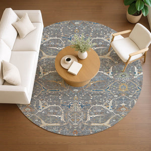 HomeRoots 8' Round Floral Area Rug - Gray, Green & Copper - Washable, Durable for Indoor & Outdoor Spaces 640442