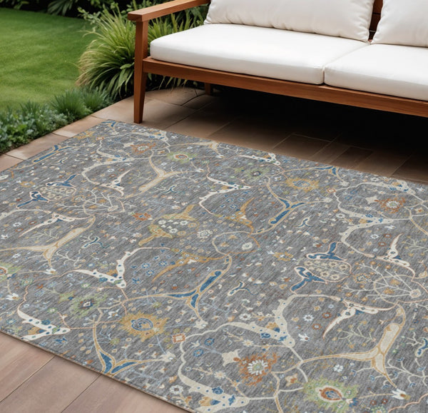 HomeRoots 8' X 10' Gray Green Copper Floral Area Rug - Washable Indoor/Outdoor Durable Design for Easy Care 640443