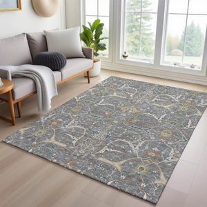 HomeRoots 8' X 10' Gray Green Copper Floral Area Rug - Washable Indoor/Outdoor Durable Design for Easy Care 640443