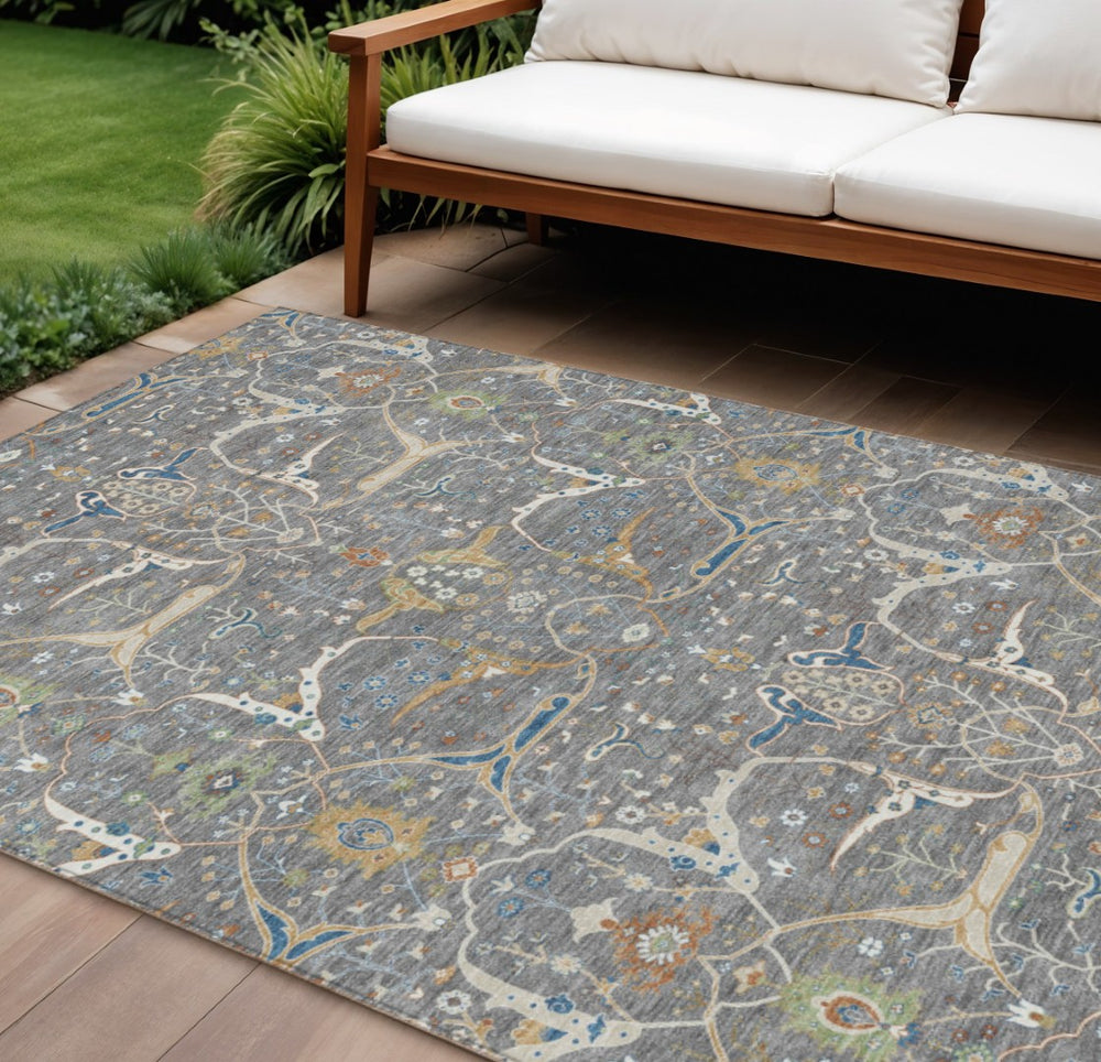 HomeRoots 10' Floral Washable Area Rug in Gray Green & Copper - Durable, Stylish Indoor/Outdoor Design! 640445