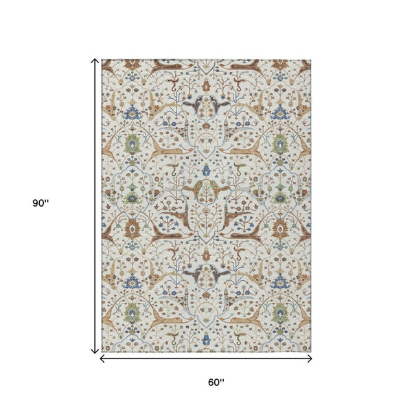 HomeRoots 5' Indoor Outdoor Ivory and Copper Floral Area Rug - Washable, Durable & Stylish for Any Space 640447