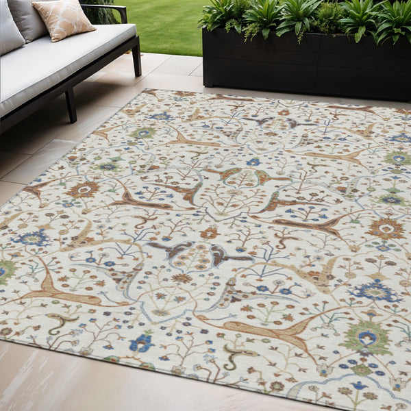 HomeRoots 5' Indoor Outdoor Ivory and Copper Floral Area Rug - Washable, Durable & Stylish for Any Space 640447