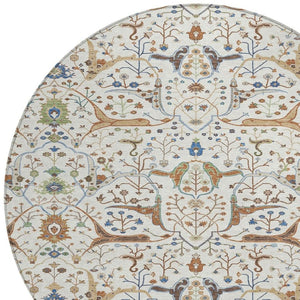 HomeRoots 8' Ivory Copper and Blue Round Floral Washable Rug - Stylish, Durable for Indoor & Outdoor Spaces! 640448