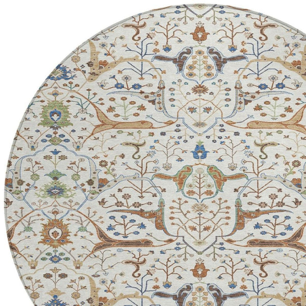 HomeRoots 8' Ivory Copper and Blue Round Floral Washable Rug - Stylish, Durable for Indoor & Outdoor Spaces! 640448