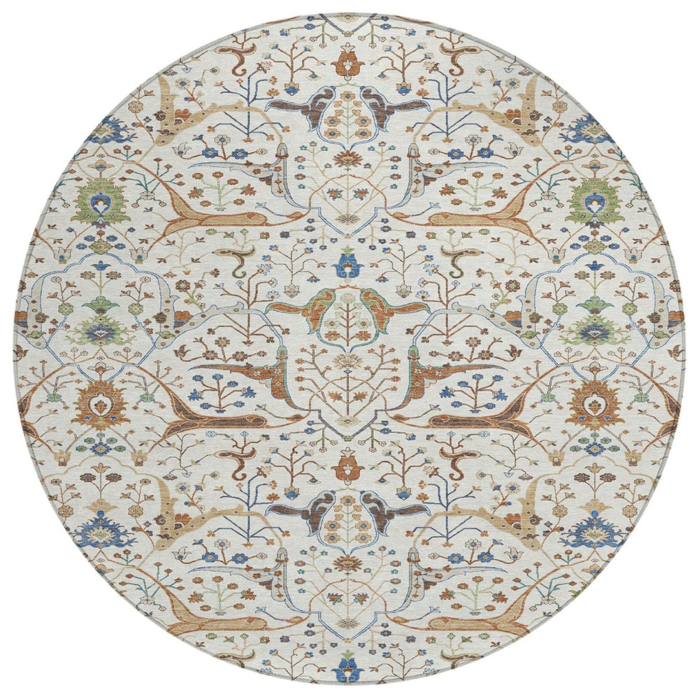 HomeRoots 8' Ivory Copper and Blue Round Floral Washable Rug - Stylish, Durable for Indoor & Outdoor Spaces! 640448