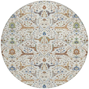 HomeRoots 8' Ivory Copper and Blue Round Floral Washable Rug - Stylish, Durable for Indoor & Outdoor Spaces! 640448