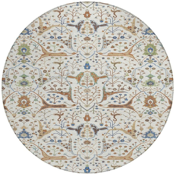 HomeRoots 8' Ivory Copper and Blue Round Floral Washable Rug - Stylish, Durable for Indoor & Outdoor Spaces! 640448